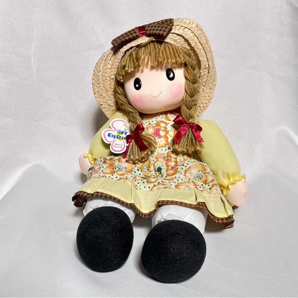 Vintage Musical Sitting Rag Doll 10 Inch Styrofoam Body Soft Limbs Country Style